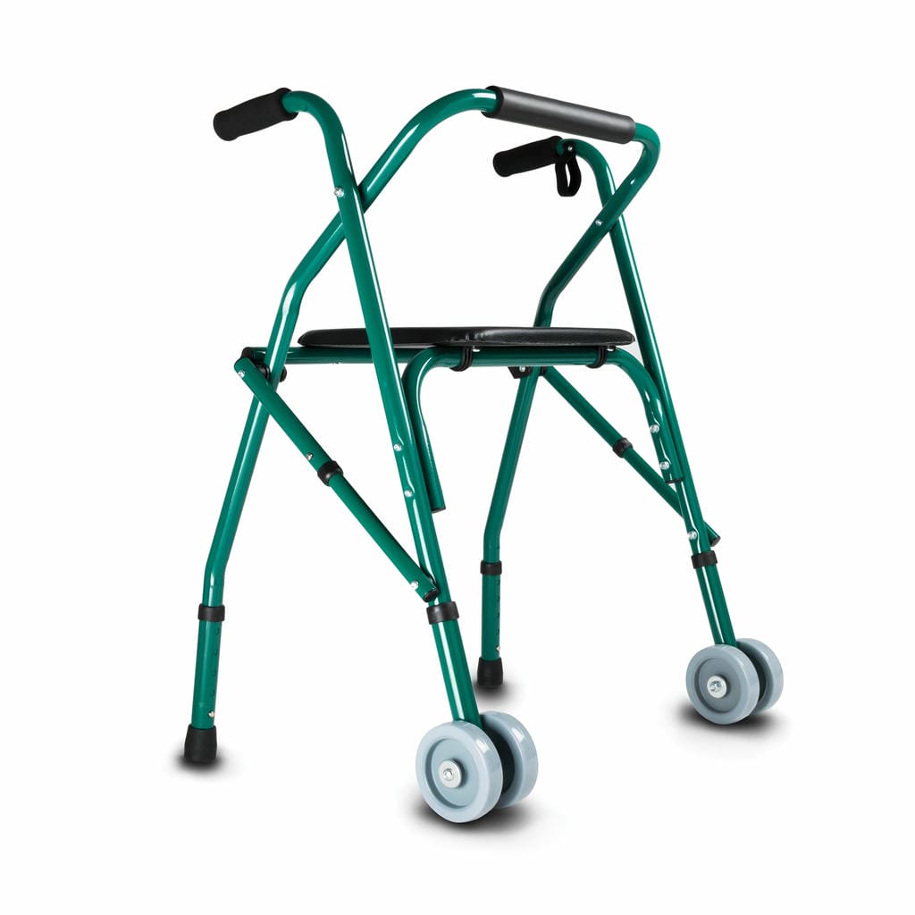 ANDADOR TIJERA DE ALUMINIO CON RUEDAS Y ASIENTO (VERDE) (*)