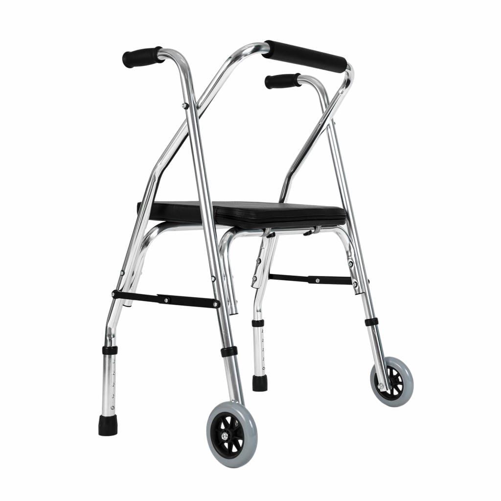 ANDADOR TIJERA DE ALUMINIO CON RUEDAS Y ASIENTO (PLATEADO)