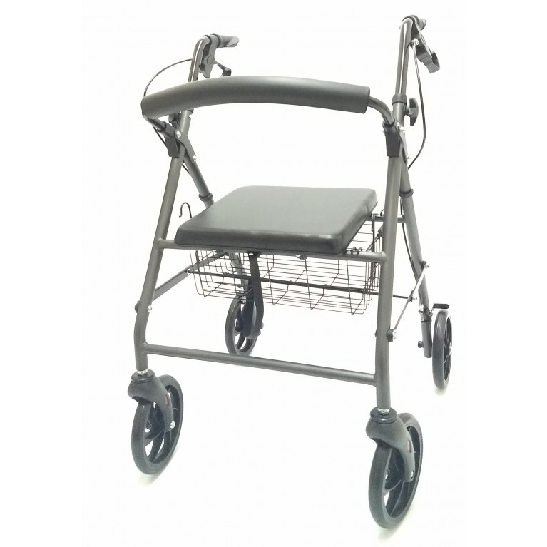 ANDADOR DE 4 RUEDAS DE ALUMINIO CON ASIENTO Y CANASTO (GRIS) (*)