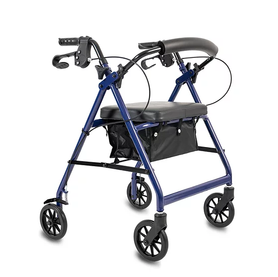 ANDADOR DE 4 RUEDAS DE ALUMINIO CON ASIENTO Y CANASTO (AZUL)