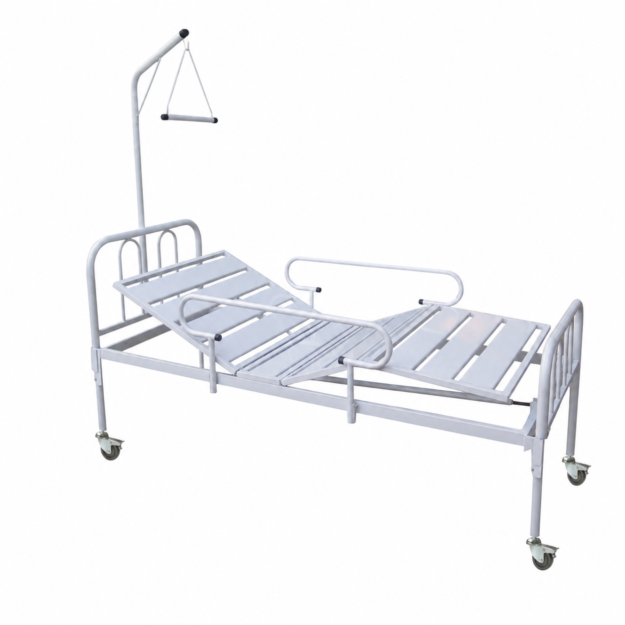 CAMA ORTOPEDICA DE 3 MOVIMIENTOS PINTADA CON BARANDAS Y TRAPECIO CON RUEDAS