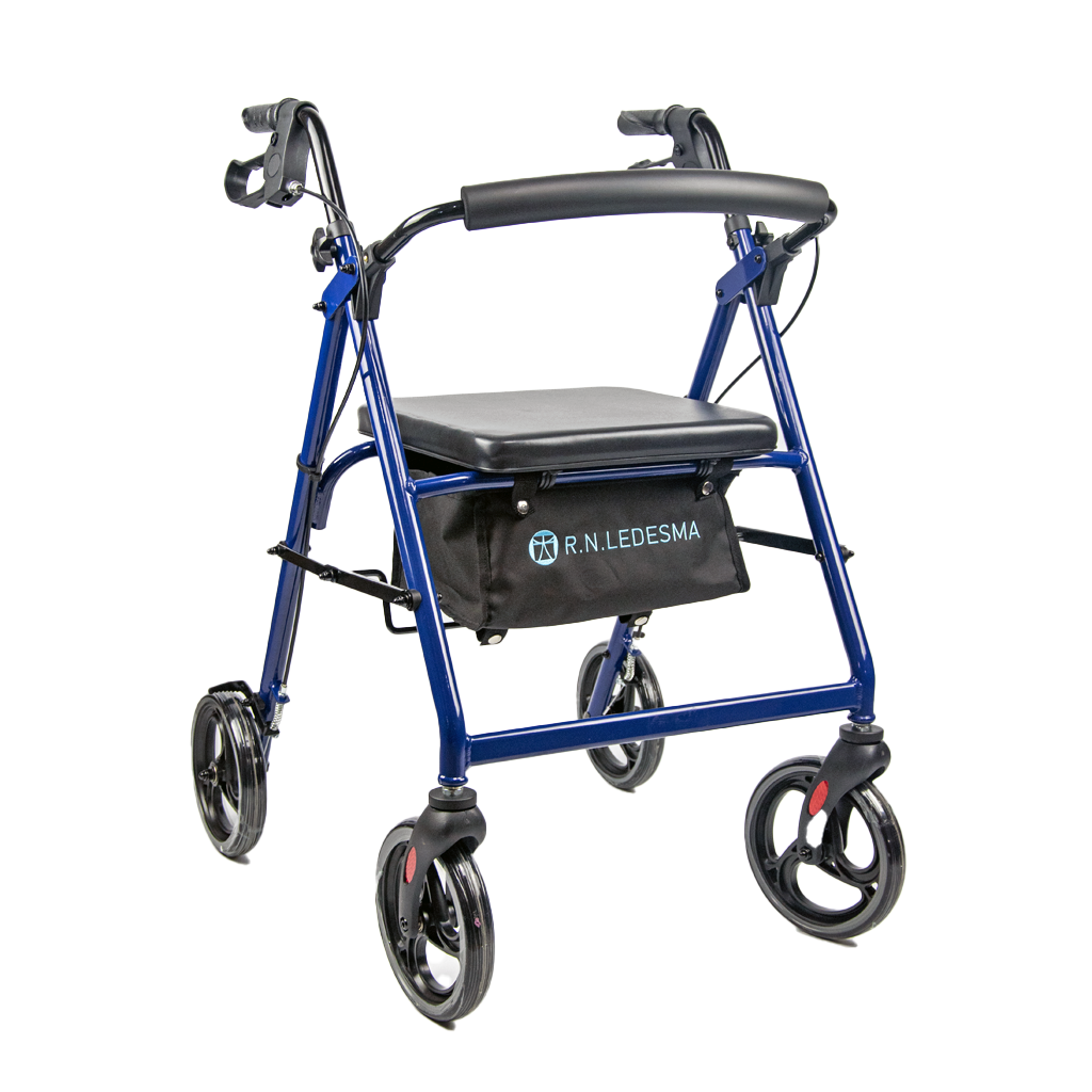 ANDADOR DE 4 RUEDAS DE ALUMINIO CON ASIENTO Y CANASTO AZUL (965-7030)